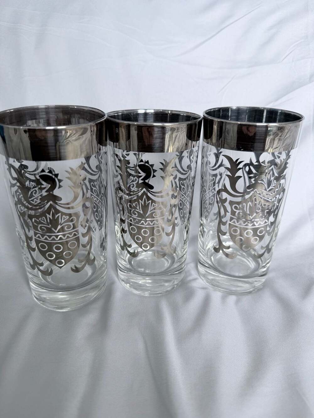 Vintage Mid-Century Modern Kimiko Silver Knight Crest Highball Glasses Set of 3